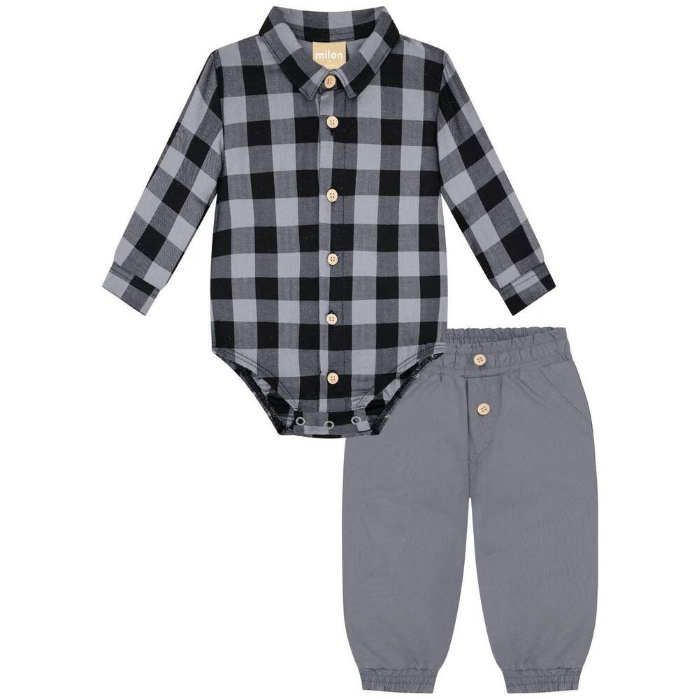 NEW MILON boy's plaid collar onesie set in grey